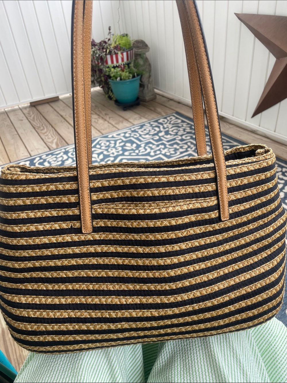 Eric Javits Raffia Black and Tan Striped Shoulder Bag - Picture 2 of 16